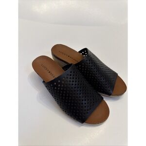 Lucky Brand Women's Black Leather Open Toe Slip On Sandals Siz US 6.5